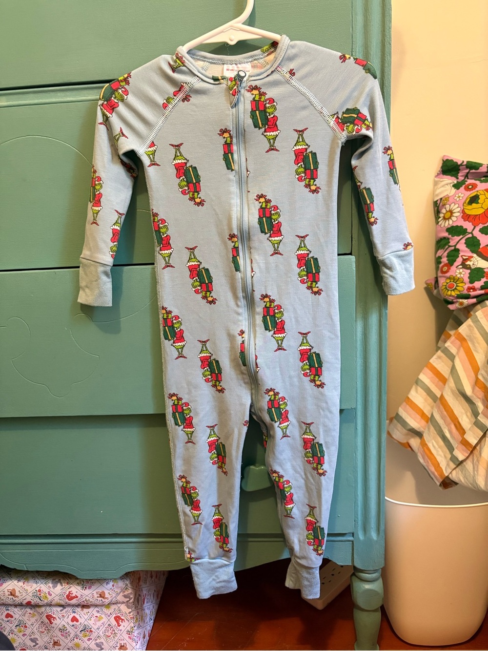 Hanna Andersson Light Blue Grinch Print Zip One-Piece Pajamas